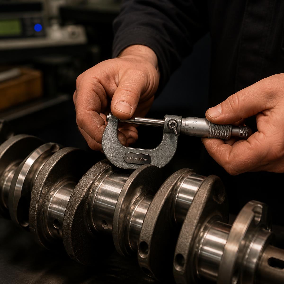 Machinist measuring a crankshaft journal with a micrometer