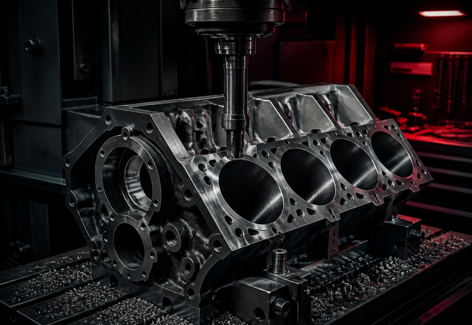 Engine block being precision bored on a machine at Champion Automotive Machine Shop